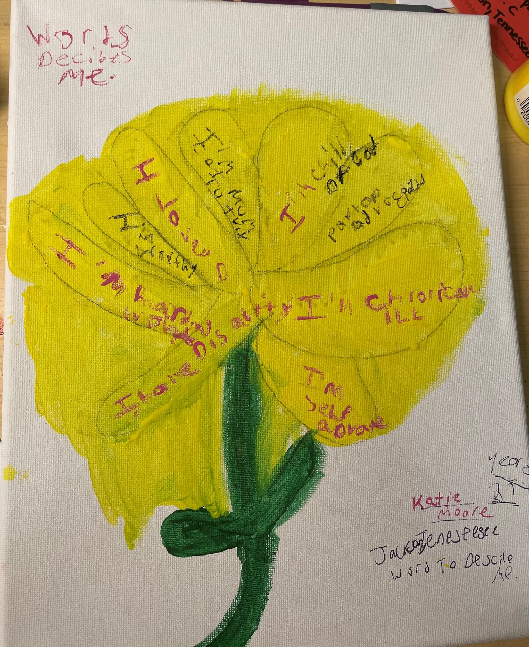 a painting of a yellow flower with a green stem, and sentences about the artist are written in pink and black on the petals of the flower. visible phrases include: "I have a disability; I am chronically ill; I am a child of God; I'm cat mom; I'm worthy."